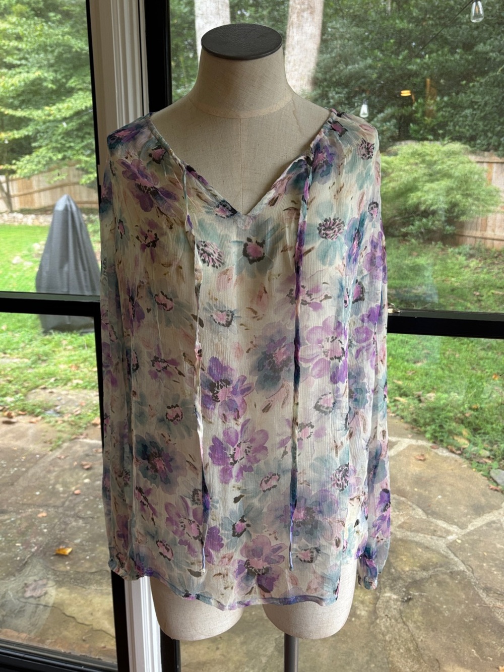 NWT Johnny Was Sheer floral Blouse in Purple and Cream